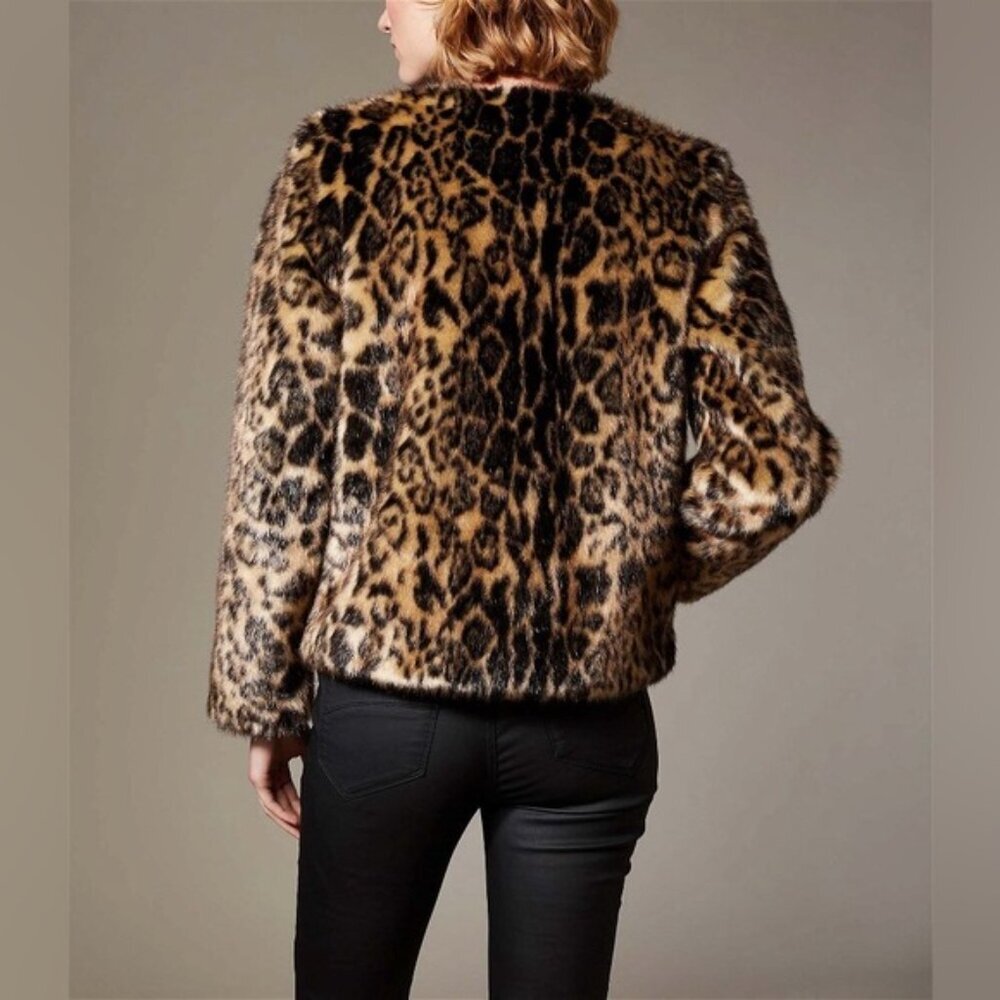 NWT KAREN MILLEN Super-Soft Faux Fur Leopard Print Lined Jacket w Pockets Sz 6 - Picture 2 of 16